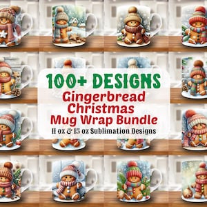 Może przedstawiać: Kolekcja białych ceramicznych kubków z motywami piernikowych ludzików w zimowych sceneriach. Kubki przedstawiają piernikowych ludzików w czapkach i szalikach. Tekst na zdjęciu brzmi: "100+ DESIGNS Gingerbread Christmas Mug Wrap Bundle 11 oz & 15 oz Sublimation Designs."