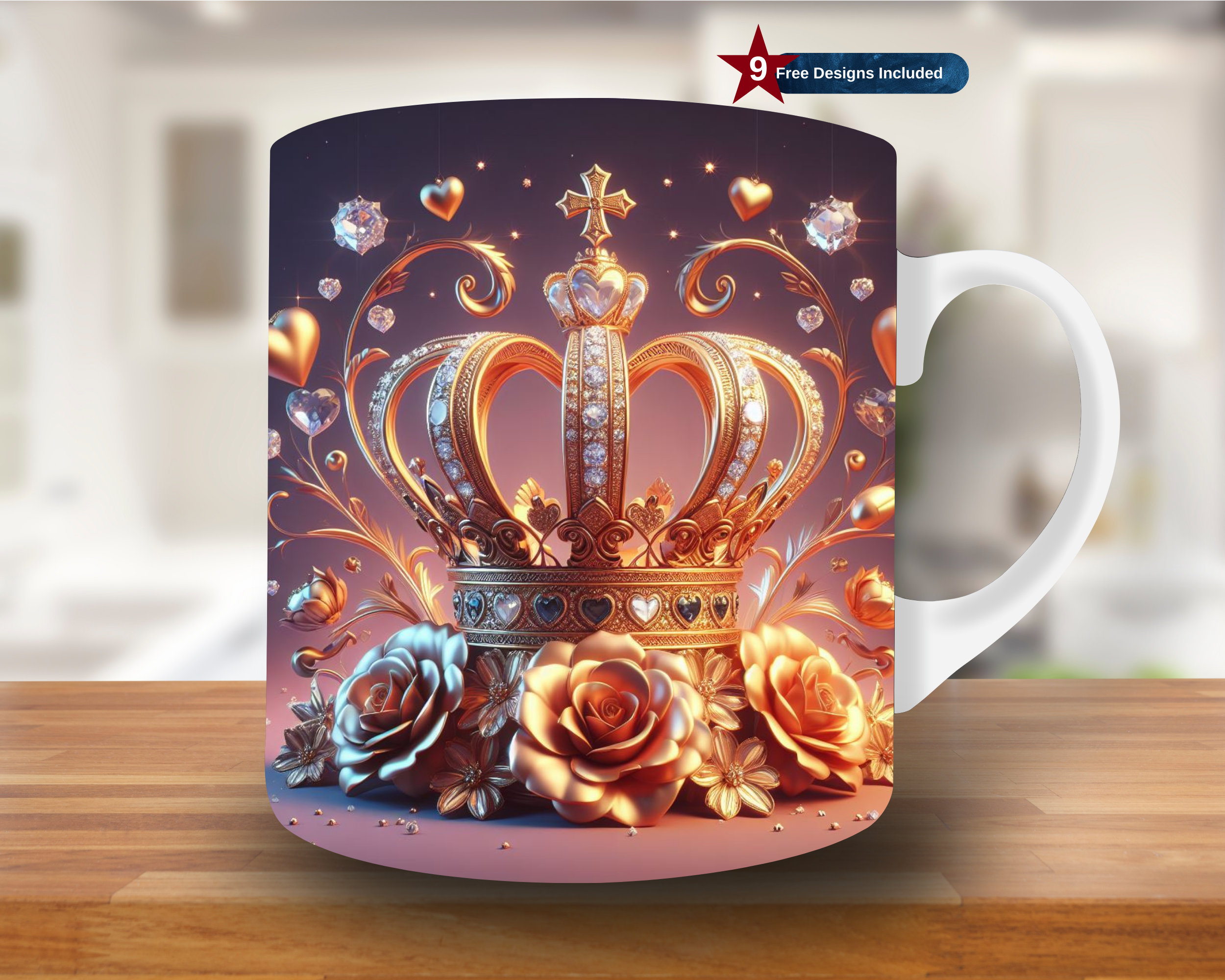 3D Golden Crown Mug Wrap,11oz & 15oz Mug Template,Crown Mug Sublimation Design, Golden Mug Wrap Template PNG,Instant Download PNG,Coffee mug