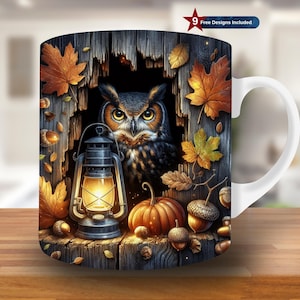 May include: White ceramic mug featuring a fall-themed design. The design includes an owl, a lantern, pumpkins, and autumn leaves. The mug has a curved handle and the text "9 Free Designs Included" is visible.