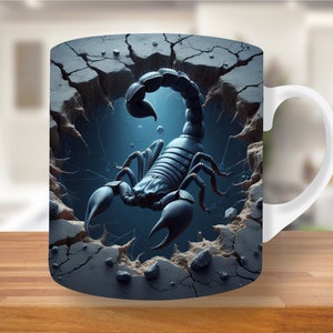 May include: A white ceramic mug with a handle features a graphic of a black scorpion emerging from a cracked, gray stone wall.