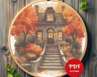 Autumn Cottage Cross Stitch Pattern, Easy Embroidery (PDF Pattern)