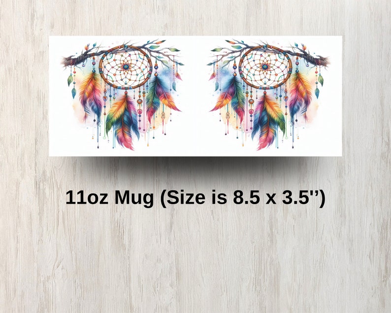 May include: A 11oz white ceramic mug with a colorful dreamcatcher design. The dreamcatcher is made of feathers, beads, and a web-like pattern. The mug is 8.5 inches wide and 3.5 inches tall.