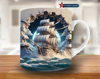 Vinilo para taza con diseño de barco pirata y agujero en la pared en 3D (descarga digital PNG)