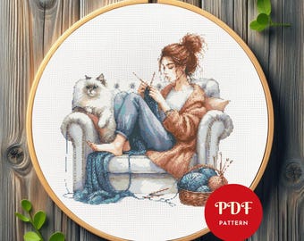 Knitting Woman Cross Stitch Pattern, Cozy Home Embroidery Design, Needlepoint Chart, Easy Cross Stitch PDF Pattern, Instant Download, DIY