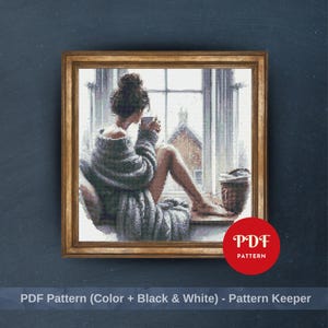 Girl Drink Coffee Cross Stitch Pattern, Coffee Embroidery Design, Woman Needlepoint Chart,Easy Cross Stitch PDF Pattern,Digital Download,DIY