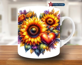 3D Sunflower Heart Hole in a Wall Mug Wrap, 11oz & 15oz Mug Template, Mug Sublimation Design, Mug Wrap Template,Digital Download PNG, floral