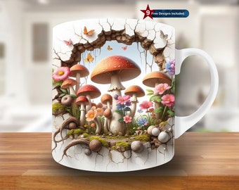 3D Mushrooms and Flower Hole in a Wall Mug Wrap, 11oz & 15oz Mug Template, Mug Sublimation Design, Mug Wrap Template, Digital Download PNG