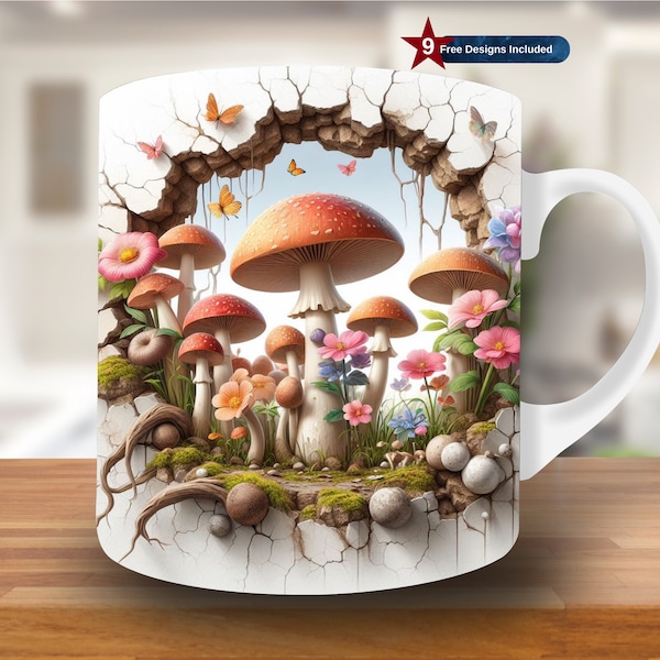 3D Mushrooms and Flower Hole in a Wall Mug Wrap, 11oz & 15oz Mug Template, Mug Sublimation Design, Mug Wrap Template, Digital Download PNG