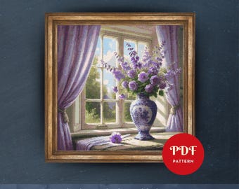 Lavender Flower Cross Stitch Pattern, Floral Vase Embroidery Design, Needlepoint Chart, Easy Cross Stitch PDF Pattern, Instant Download, DIY