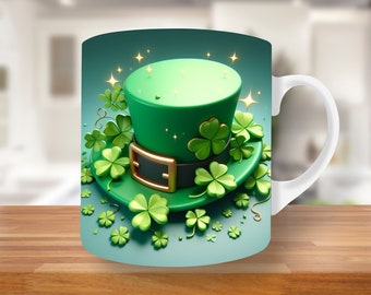 3D St Patrick's Day Hat Mug Wrap, 11oz & 15oz Mug Template,Pattys Mug Sublimation Design, Green Mug Wrap Template, Coffee Mug Wrap PNG, Gift