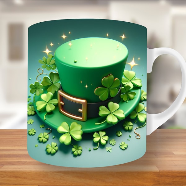 Emballage de tasse 3D pour la Saint-Patrick, modèle de tasse 11 oz et 15 oz, conception de sublimation de tasse, modèle d'emballage de tasse, numérique, emballage de tasse à café PNG, Pattys