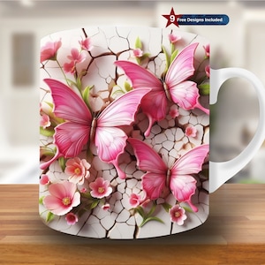 May include: White ceramic mug with a pink butterfly and flower design. The mug has a white handle and a cracked white background.