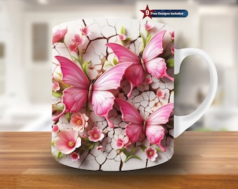 Envoltorio para taza con mariposa rosa, diseño de pared agrietada por sublimación (descarga digital)