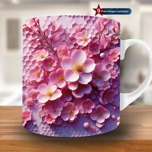 3D Pink Flowers Honeycomb Wall Mug Wrap, 11oz & 15oz Mug Template, Floral Mug Sublimation Design, Mug Wrap Template, Digital Download PNG