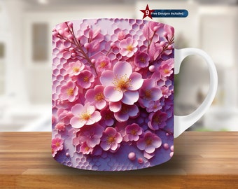 3D Pink Flowers Honeycomb Wall Mug Wrap, 11oz & 15oz Mug Template, Floral Mug Sublimation Design, Mug Wrap Template, Digital Download PNG