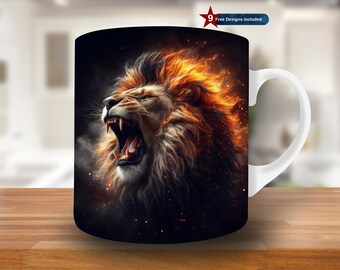 3D Roaring Lion Mug Wrap, 11oz & 15oz Mug Template, Fire Mug Sublimation Design, Lion Mug Wrap Template PNG, Instant Digital Download PNG