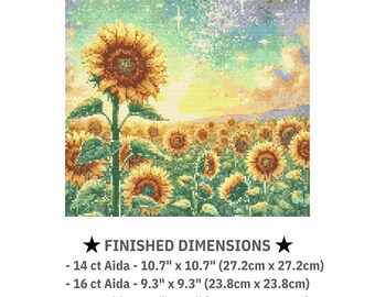 ひまわり畑のクロスステッチパターン、花の刺繍デザイン、花のニードル