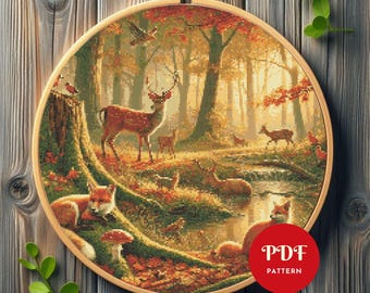 Patrón de punto de cruz de animales del bosque, diseño de bordado de otoño, gráfico de bordado de otoño, patrón de punto de cruz fácil en PDF, descarga digital, bricolaje