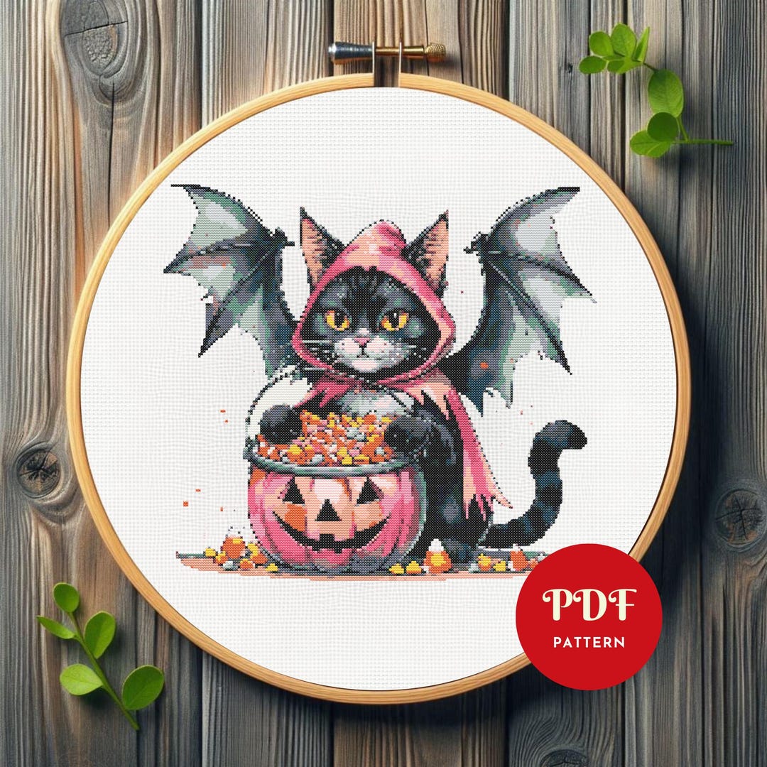 Halloween Black Cat Cross Stitch Pattern PDF, Spooky Embroidery ...