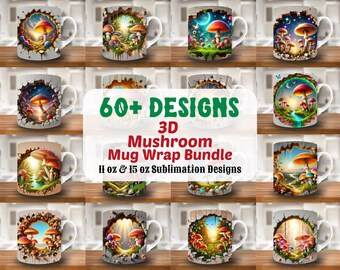 3D-Pilzloch in einem Wandbecher-Wrap-Bundle, 11 Unzen- und 15 Unzen-Bechervorlage, Blumenbecher-Sublimationsdesign, Becher-Wrap-Vorlage, Sofortiger Download PNG