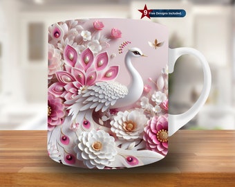 3D Peacock and Flowers on Wall Mug Wrap, 11oz & 15oz Mug Template, Mug Sublimation Design,Mug Wrap Template PNG,Coffee Mug, peacock,pink mug