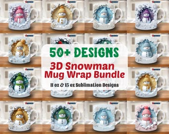 3D-Schneemann Loch in einer Wand Becher Wrap Bundle, 11 Unzen 15 Unzen Becher Vorlage, Weihnachtsbecher Sublimationsdesign, Becher Wrap Vorlage, Sofortiger Download Png
