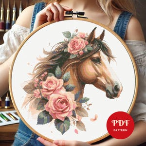 Pferd und Rosen Kreuzstichmuster, Blumen Stickmuster, Tier Stickmuster, Kreuzstich PDF Musterdatei, digitaler Download