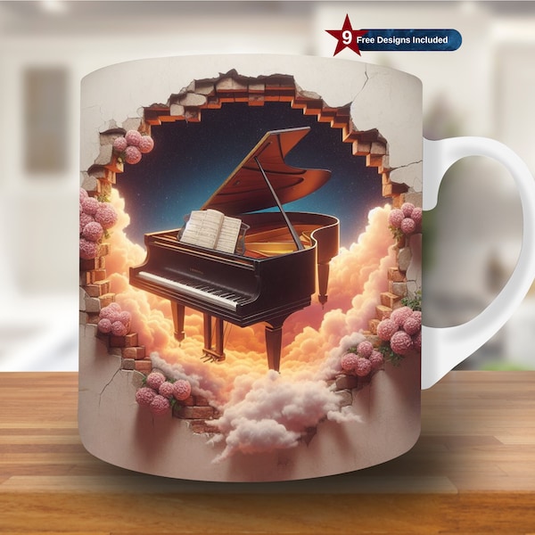 3D Piano on Clouds Hole in a Wall Mug Wrap, 11oz & 15oz Mug Template, Mug Sublimation Design, Mug Wrap Template, Digital Download PNG, retro