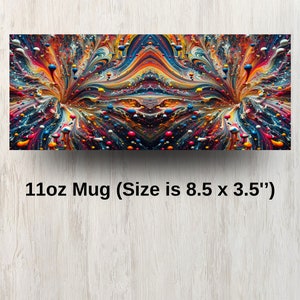 May include: A colorful abstract design with swirling colors of blue, red, yellow, and white. The design is printed on a 11oz mug, which is 8.5 inches by 3.5 inches.