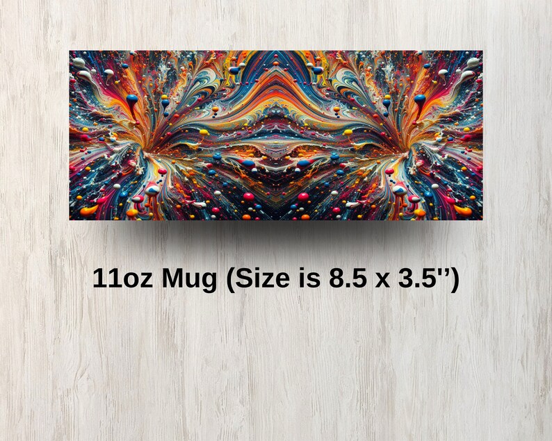 May include: A colorful abstract design with swirling colors of blue, red, yellow, and white. The design is printed on a 11oz mug, which is 8.5 inches by 3.5 inches.
