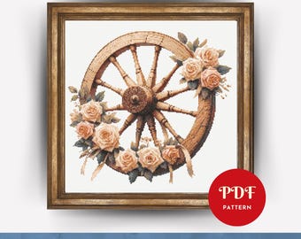 Pink Roses and Wheel Cross Stitch pdf Pattern, Farmer Embroidery Stitch Pattern, Embroidery, Cross Stitch PDF Pattern File, Digital download