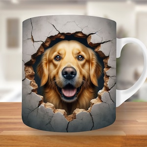 3D Golden Retriever Hole In A Wall Mug Wrap, 11oz & 15oz Mug Template, Dog Mug Sublimation Design,Coffee Mug Wrap Template, Instant Download