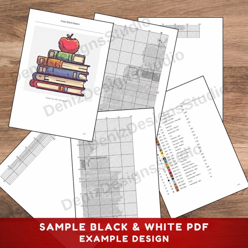 K&ouml;nnte beinhalten: Ein Kreuzstichmuster-Dokument mit einem Stapel B&uuml;cher, gekr&ouml;nt von einem roten Apfel, sowie mehreren Seiten mit schwarz-wei&szlig;en Rasterdiagrammen und einer Legende mit Symbolen und Garnfarbnamen f&uuml;r ein vollst&auml;ndiges Stickprojekt.