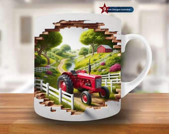 3D Red Tractor Hole in a Wall Mug Wrap, 11oz & 15oz Mug Template, Mug Sublimation Design, Mug Wrap Template,Digital Download PNG, vehicle