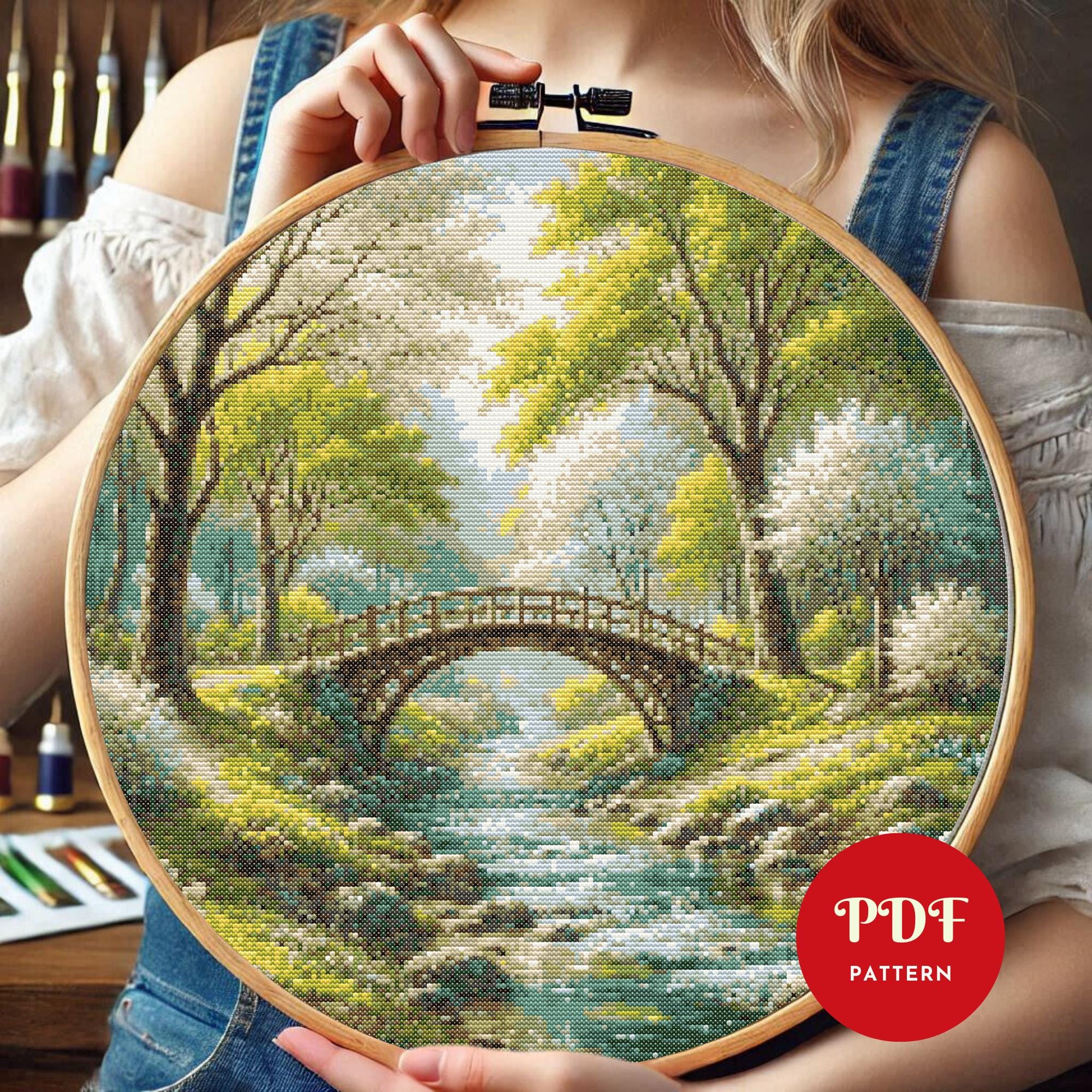 Bridge in the Forest Cross Stitch Pattern, Landscape Embroidery Pattern ...