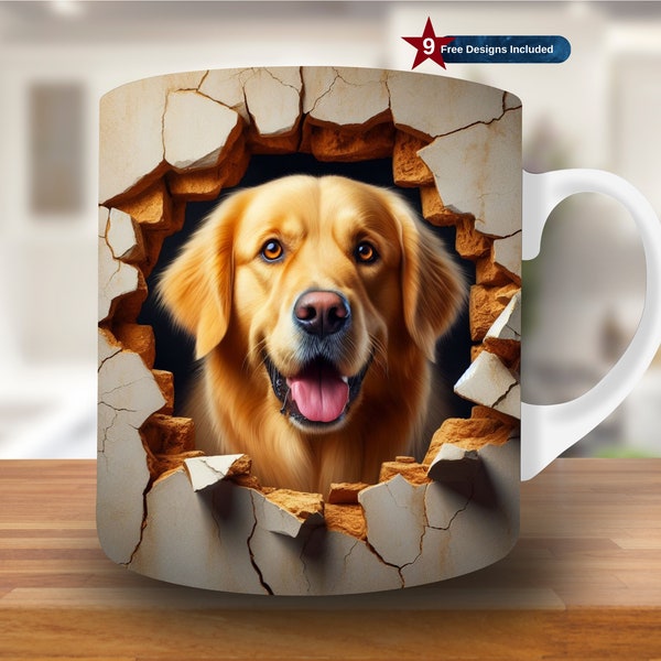 3D Golden Retriever Hole In A Wall Mug Wrap, 11oz & 15oz Mug Template, Mug Sublimation Design, Mug Wrap Template,Coffee Mug Wrap PNG,digital