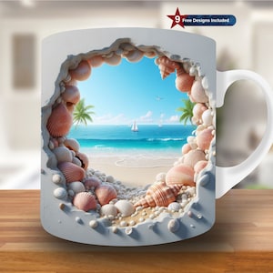 3D Beach Landscape Hole in a Wall Mug Wrap, 11oz & 15oz Mug Template,Summer Mug Sublimation Design, Mug Wrap Template,Instant Download PNG