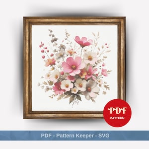 Wilde bloemen kruissteekpatroon, bloemenborduurpatroon, bloemenborduurontwerp, pdf-patroonbestand kruissteek, digitale download, roze