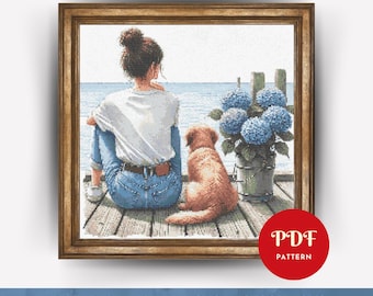 Girl and Dog Cross Stitch Pattern, Girl Embroidery Stitch Pattern, Dog Embroidery, Cross Stitch PDF Pattern File, Digital download, Lady