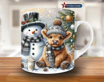 Highland Cow and Snowman Mug Wrap, 11oz & 15oz Mug Template, Christmas Mug Sublimation Design,Winter Mug Wrap Template, Instant Download Png