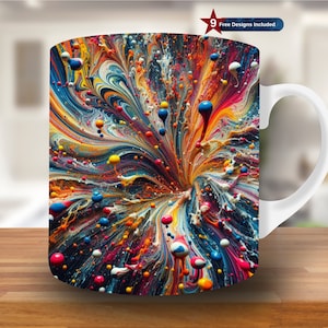 May include: White ceramic mug with a colorful abstract design featuring swirling lines and dots of blue, red, yellow, and white paint.