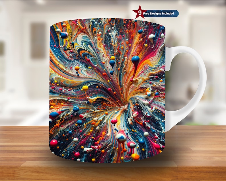 May include: White ceramic mug with a colorful abstract design featuring swirling lines and dots of blue, red, yellow, and white paint.