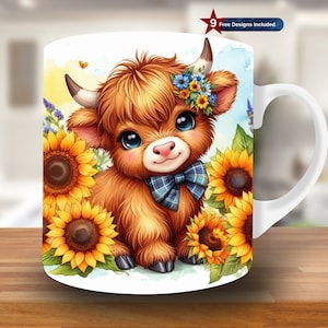 Cute Baby Highland and Sunflowers Mug Wrap, 11oz & 15oz Mug Template, Mug Sublimation Design, Mug Wrap Template,Instant Digital Download PNG