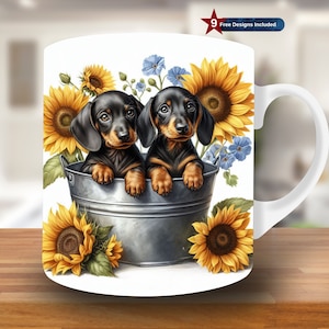 Dachshund in Bucket Mug Wrap, 11oz & 15oz Mug Template, Dog Mug Sublimation Design, Animal Mug Wrap Template, Instant Digital Download PNG