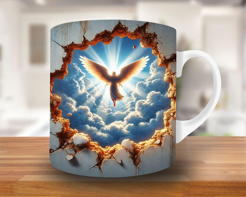 Puede incluir: Taza de cer&aacute;mica blanca con una imagen colorida de un &aacute;ngel con alas volando a trav&eacute;s de un agujero en una pared agrietada. El &aacute;ngel est&aacute; volando a trav&eacute;s de nubes con una luz brillante brillando detr&aacute;s de &eacute;l.