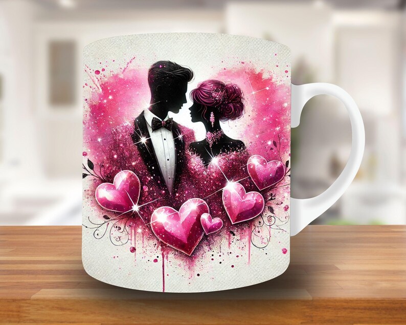 May include: White ceramic mug with a pink watercolor design featuring a silhouette of a couple in love. The design includes hearts and floral accents.