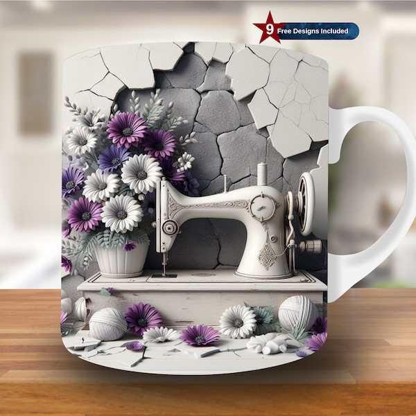 3D White Sewing Machine Mug Wrap, 11oz & 15oz Mug Template, 3D Flower Mug, Sublimation Design Mug Wrap, Template PNG, Coffee Mug, vintage