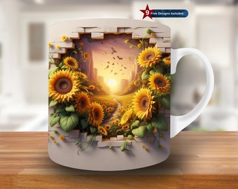 3D Sunflower Field Hole in a Wall Mug Wrap, 11oz & 15oz Mug Template, Mug Sublimation Design, Mug Wrap Template,Digital Download PNG, floral