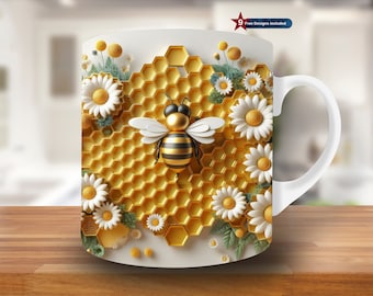 May include: White ceramic mug featuring a design of a golden honeycomb, white daisies, and a black and gold bee. The mug has a black handle.
