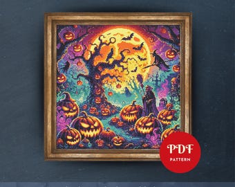 Halloween Pumpkin Cross Stitch Pattern PDF, Spooky Embroidery (Pattern Keeper Compatible, Instant Download)